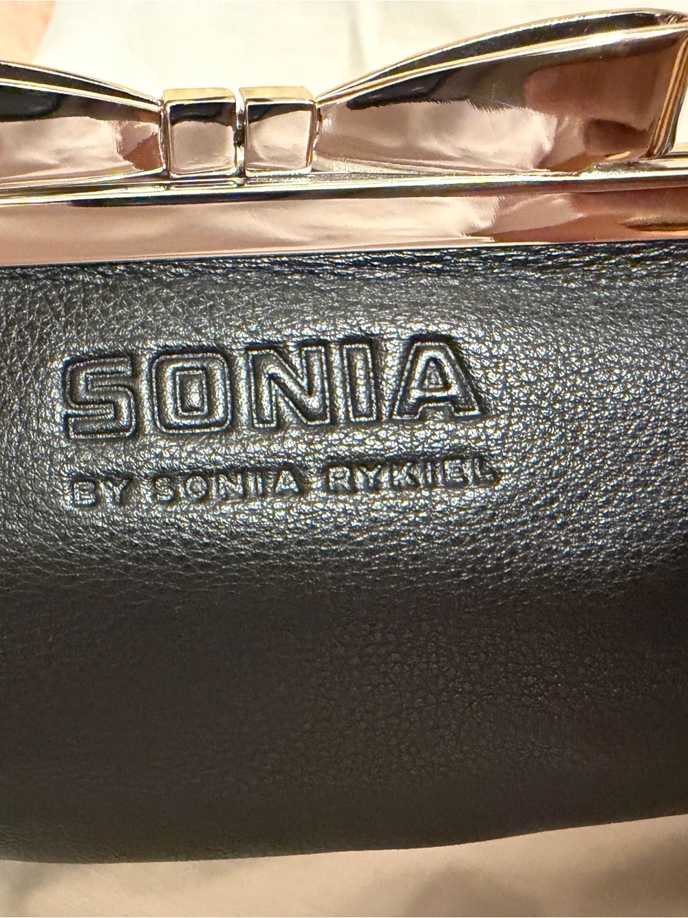 Sonia Rykiel Black Leather Clutch with silver tone Bow Trim